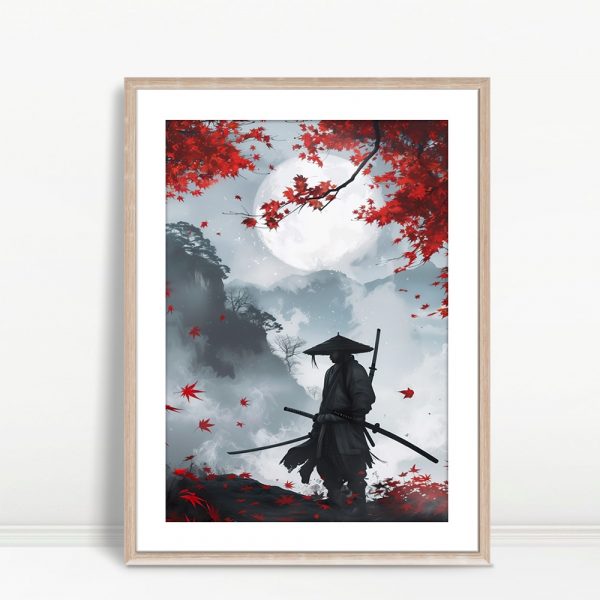 Samurai Under Red Maple Moonlight
