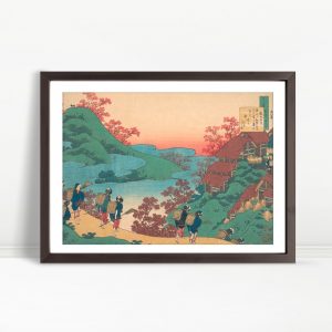 Travelers Along Lakeside Village At Sunset
