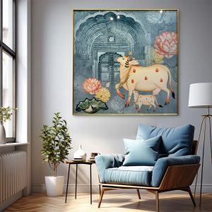 Traditional Lotus Cow Pichwai Crystal Painting