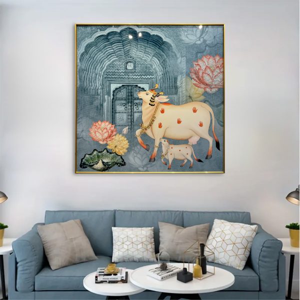 Traditional Lotus Cow Pichwai Crystal Painting - Image 2