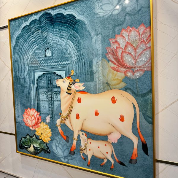Traditional Lotus Cow Pichwai Crystal Painting - Image 4