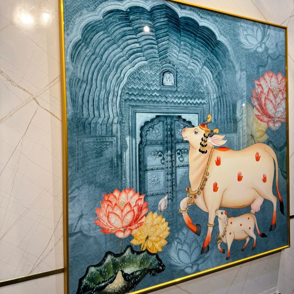 Traditional Lotus Cow Pichwai Crystal Painting - Image 5