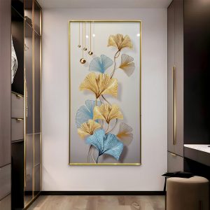 Gold & Blue Ginkgo Abstract Flower Glass Painting