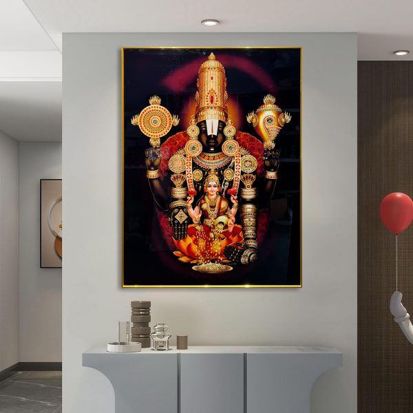 Traditional Venkateshwara and Laxmi Ji Glass Canvas Painting - Image 2