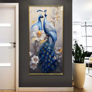 Royal Blue Peacock Duo Crystal Glass Wall Art