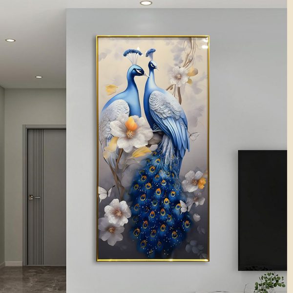 Royal Blue Peacock Duo Crystal Glass Wall Art - Image 2