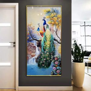 Glorious Peacock Duo Modern Crystal Glass Wall Painting