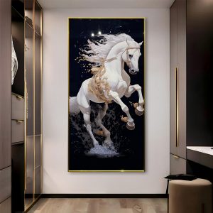 Glamorous White Stallion Crystal Glass Painting