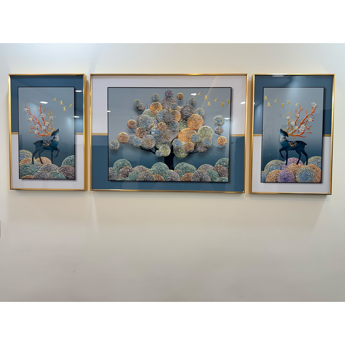 Eternal Tree of Life with Deers Crystal Glass Painting - Set of 3 - Image 3