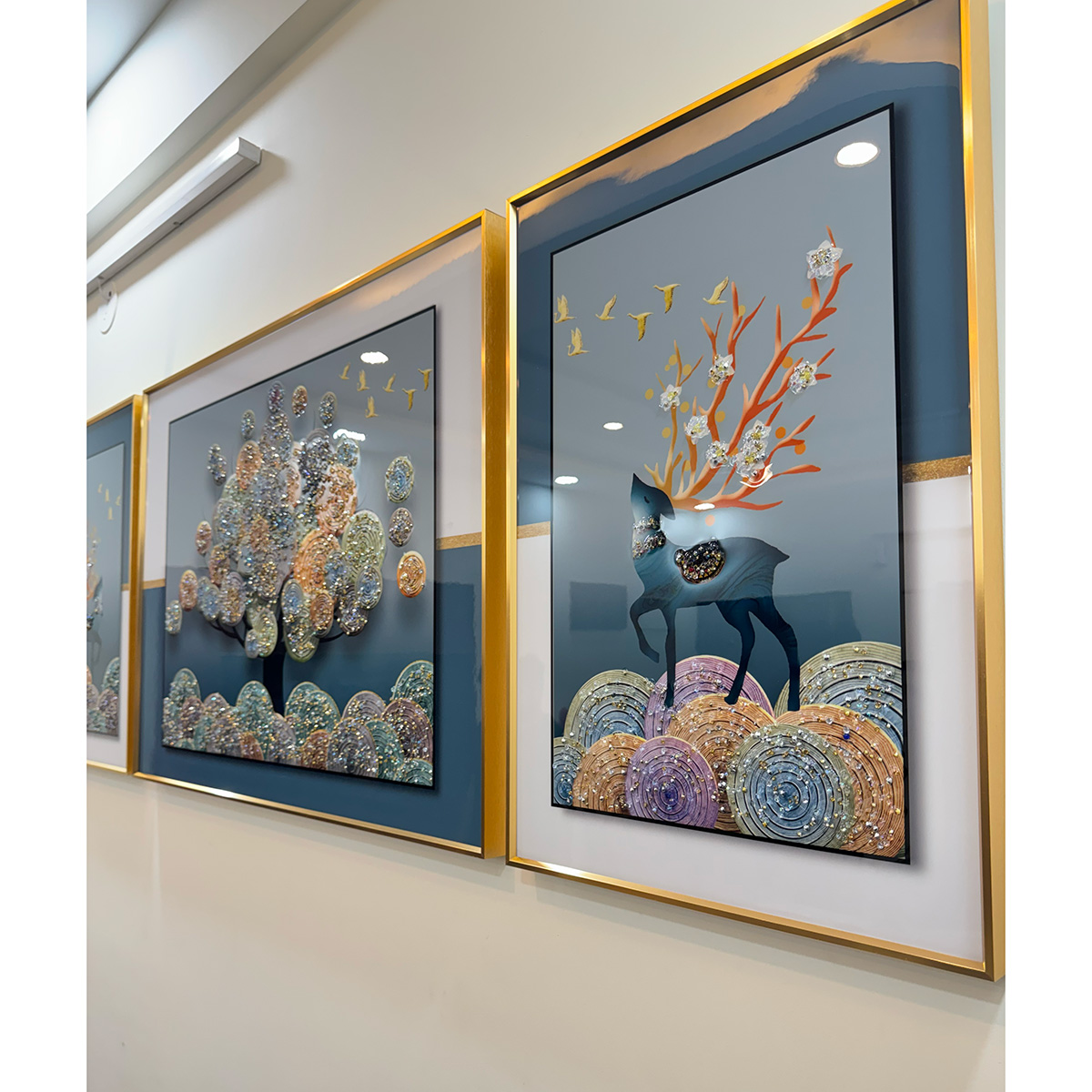 Eternal Tree of Life with Deers Crystal Glass Painting - Set of 3 - Image 4