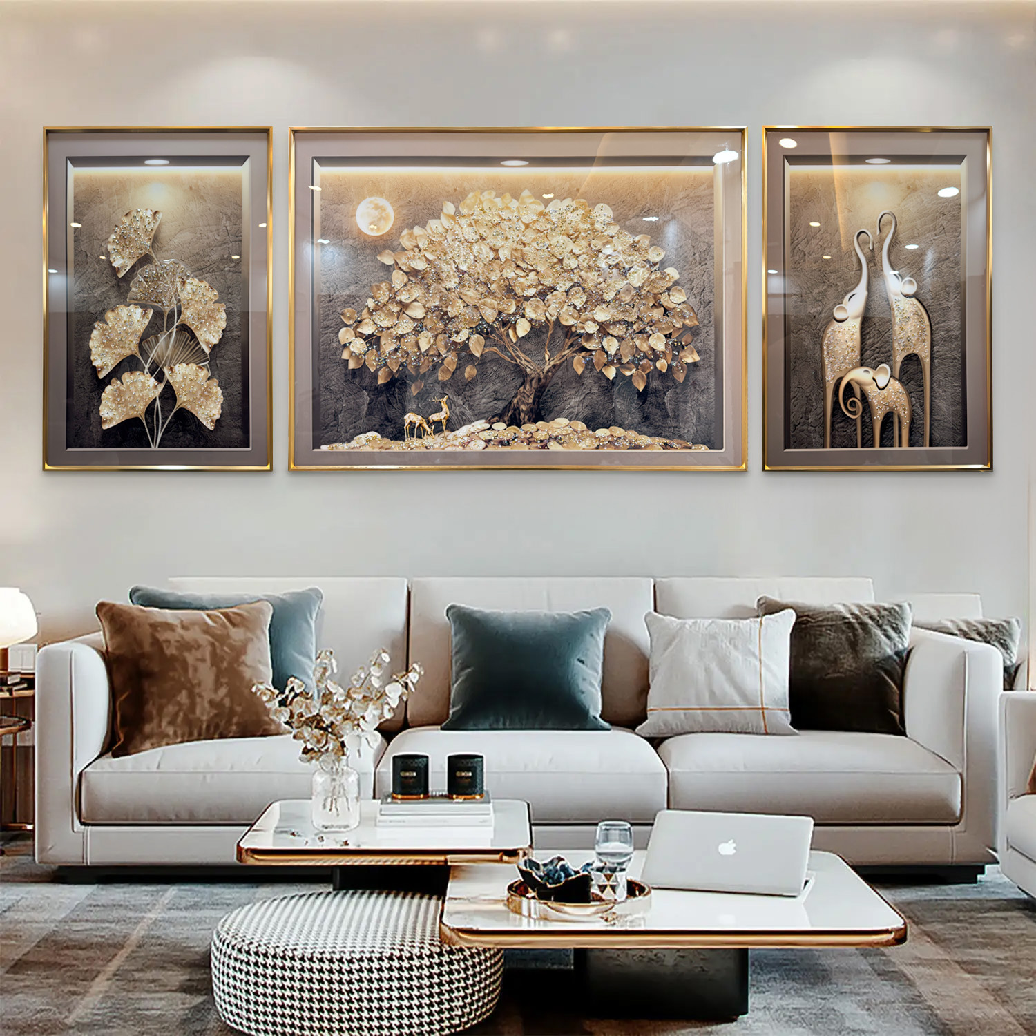 Golden Essence Modern Glass Painting - Set of 3