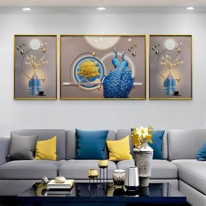 Celestial Grace Peacock Crystal Glass Wall Painting - Set of 3