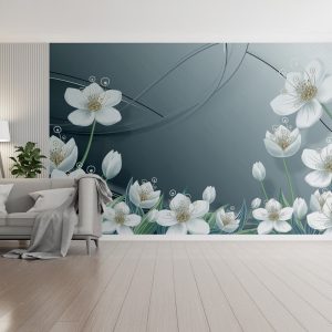 Silver Serenity Floral Blooms 3D Mural
