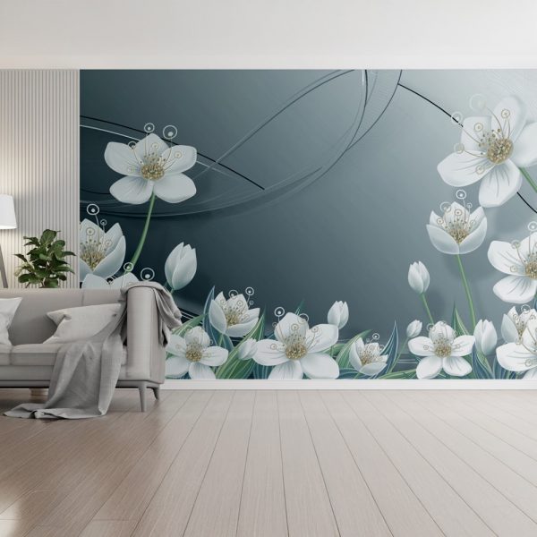 Silver Serenity Floral Blooms 3D Mural