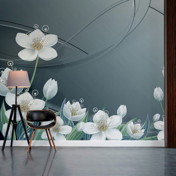 Silver Serenity Floral Blooms 3D Mural - Image 2