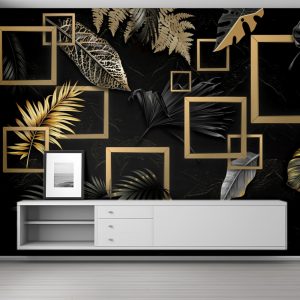 Luxe Noir Golden Leaf Frames 3D Wallpaper
