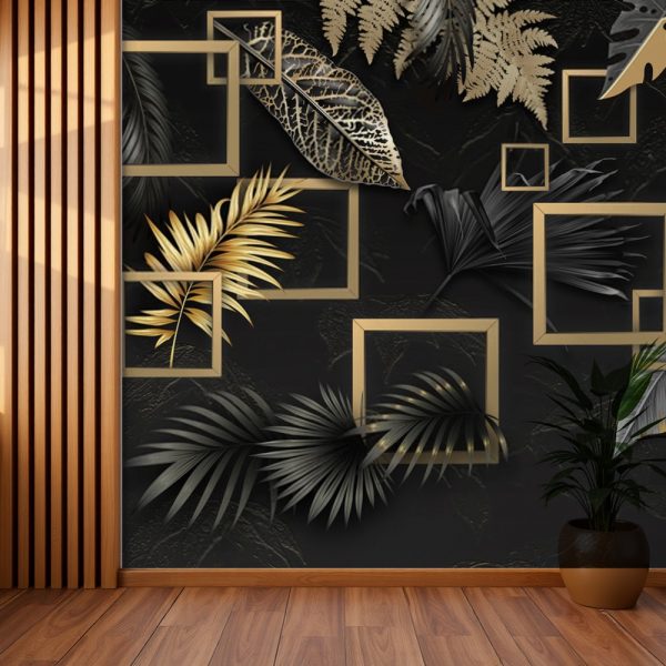 Luxe Noir Golden Leaf Frames 3D Wallpaper - Image 2