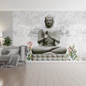Serene Buddha Marble Lotus Mural
