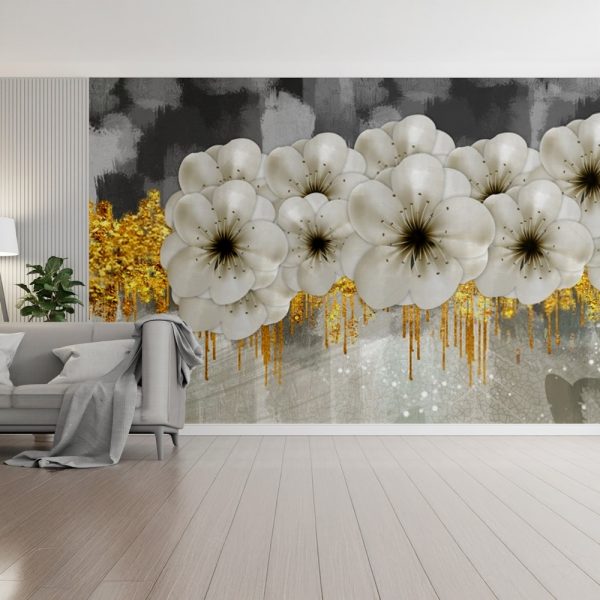 Golden Cascade White Blossom Mural - Image 2