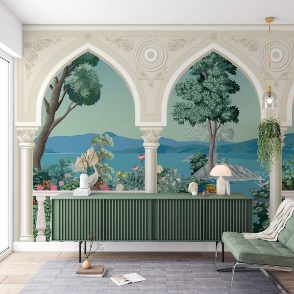 Tranquil Lake Vista Arch Wall Mural - Image 2