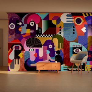 Abstract Geometric Faces Statement Mural