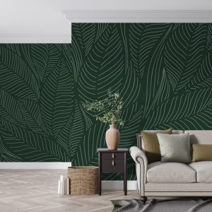 Deep Green Botanical Linework Wallpaper