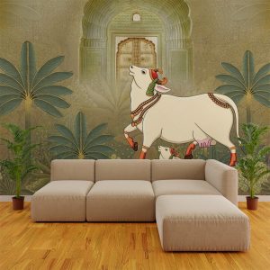 Majestic Cows Palace Gateway Pichwai Wallpaper