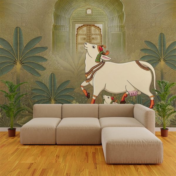 Majestic Cows Palace Gateway Pichwai Wallpaper