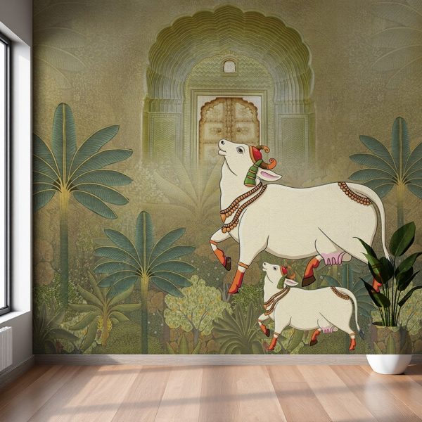 Majestic Cows Palace Gateway Pichwai Wallpaper - Image 2