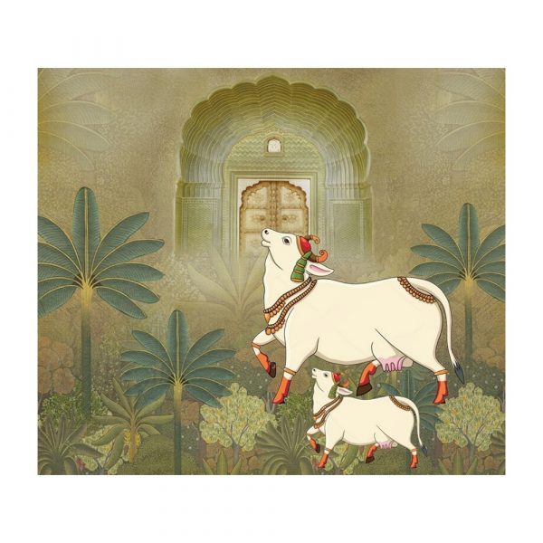 Majestic Cows Palace Gateway Pichwai Wallpaper - Image 3