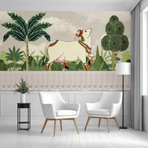Serene Cow Walk Tropical Pichwai Wallpaper