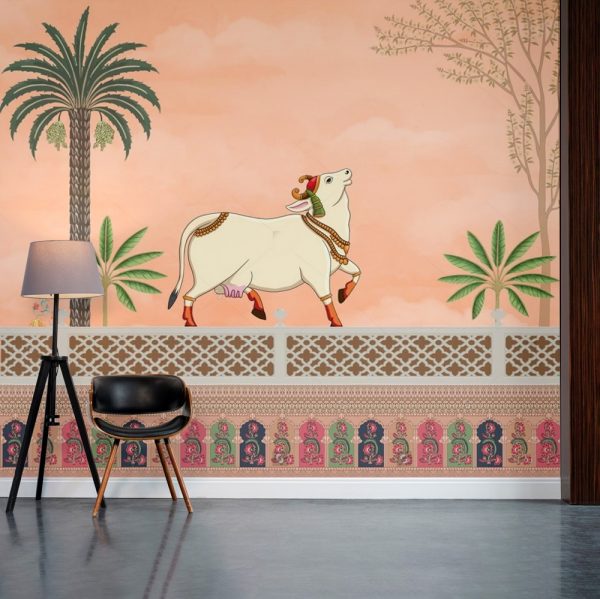 Ornate Cow Heritage Pink Pichwai Wallpaper