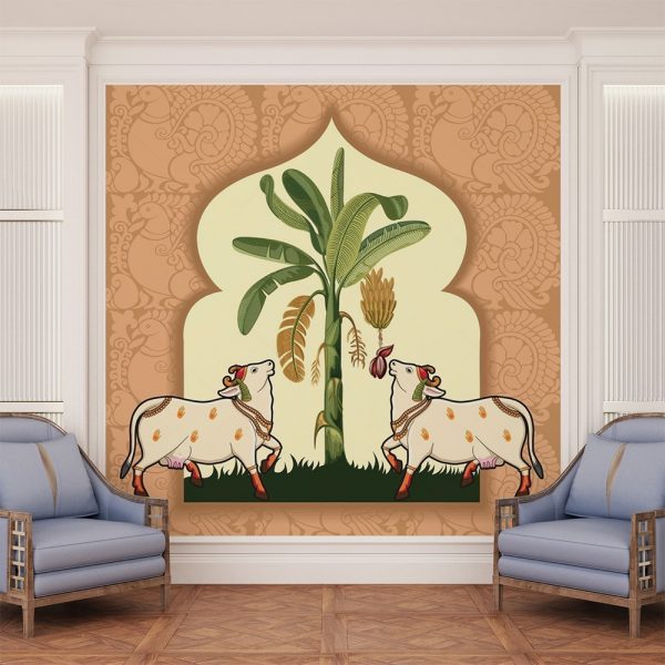 Twin Cows Banana Grove Pichwai Wallpaper