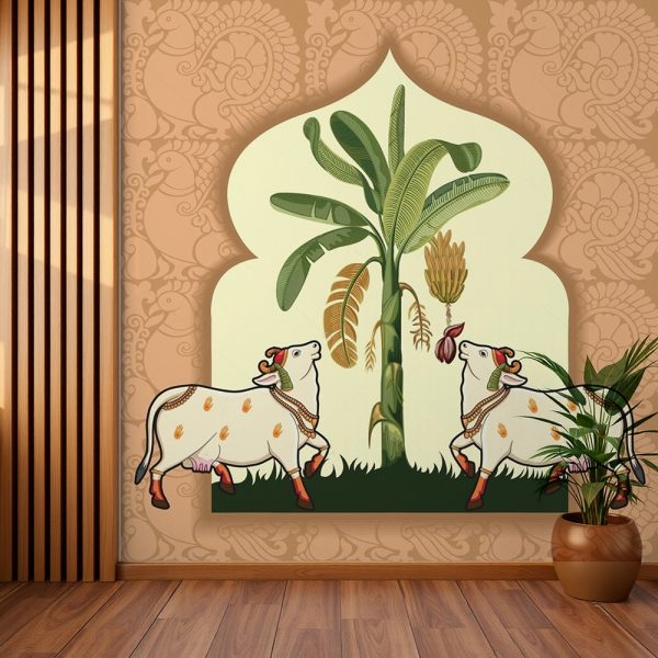 Twin Cows Banana Grove Pichwai Wallpaper - Image 2