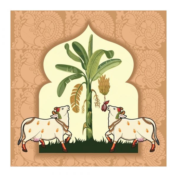 Twin Cows Banana Grove Pichwai Wallpaper - Image 3