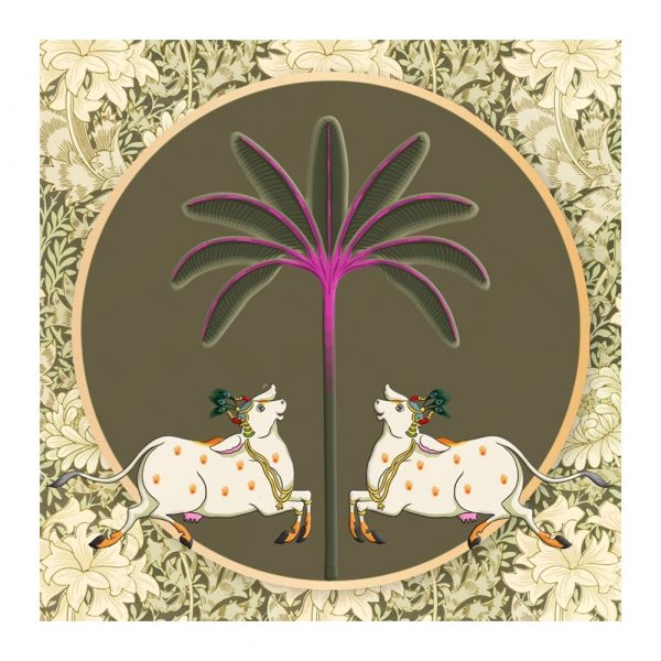 Twin Cows Violet Palm Pichwai Mural - Image 3