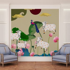 Lotus Field Cows and Peacock Pichwai Wallpaper