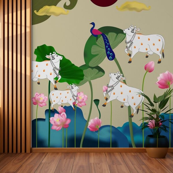Lotus Field Cows and Peacock Pichwai Wallpaper - Image 2