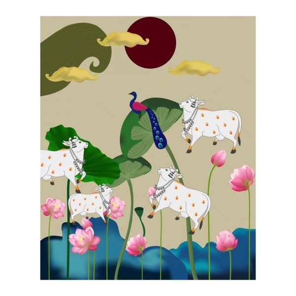 Lotus Field Cows and Peacock Pichwai Wallpaper - Image 3