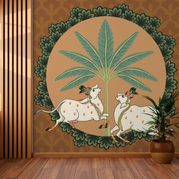 Twin Cows Green Palm Pichwai Mural - Image 2