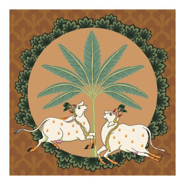 Twin Cows Green Palm Pichwai Mural - Image 3