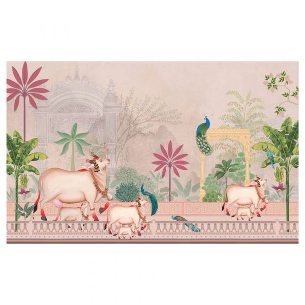 Pastel Palace Cows Peacocks Pichwai Wallpaper - Image 3