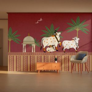 Maroon Heritage Cow Palm Pichwai Wallpaper