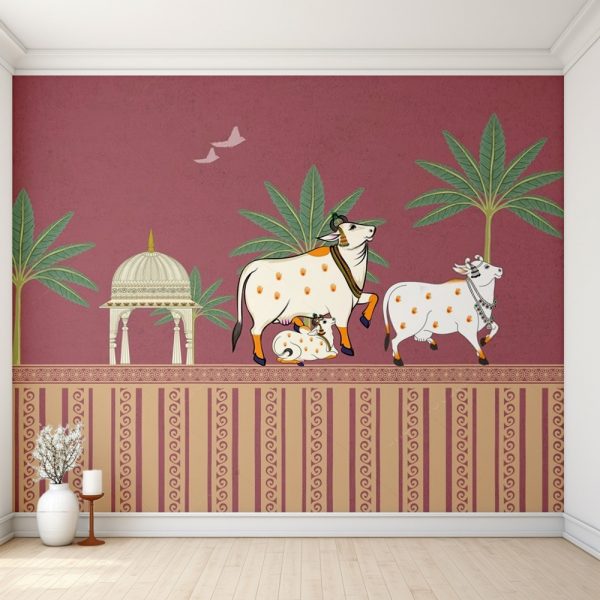 Maroon Heritage Cow Palm Pichwai Wallpaper - Image 2