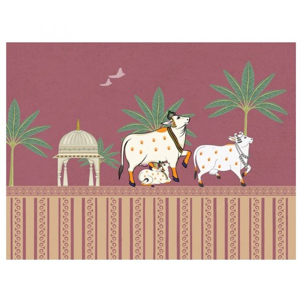 Maroon Heritage Cow Palm Pichwai Wallpaper - Image 3