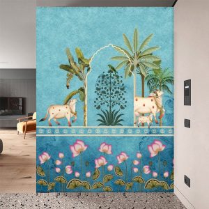 Blue Lotus Garden Cow Pichwai Wallpaper