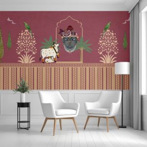 Devotional Cows Parrots Palace Pichwai Wallpaper