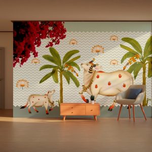 Floral Palm Cows Lotus Pichwai Wallpaper