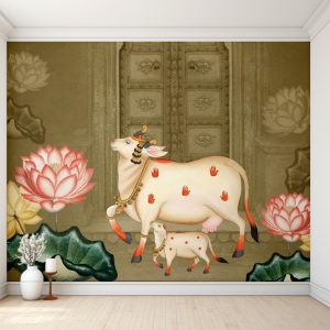 Lotus Doorway Graceful Cow Pichwai Wallpaper