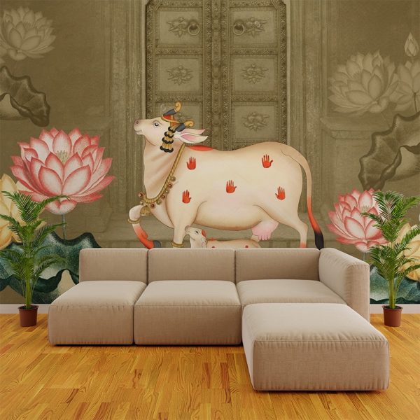 Lotus Doorway Graceful Cow Pichwai Wallpaper - Image 2
